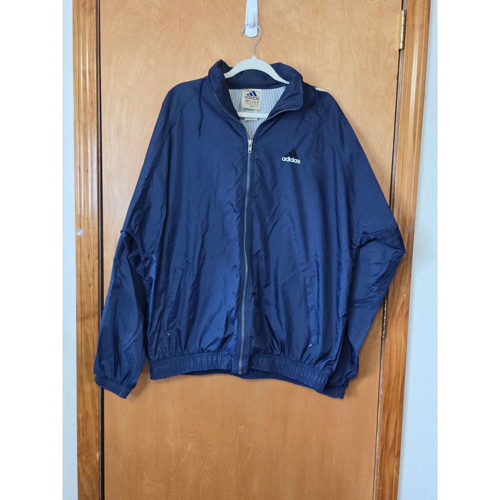 Vintage Adidas Windbreaker Jacket Navy Blue White Stripe XL Full Zip Hooded Y2K